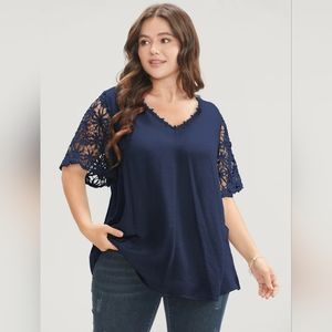 Plain V Neck Floral Patchwork Blouse Navy Blue Size 14-16 / 1X NWT